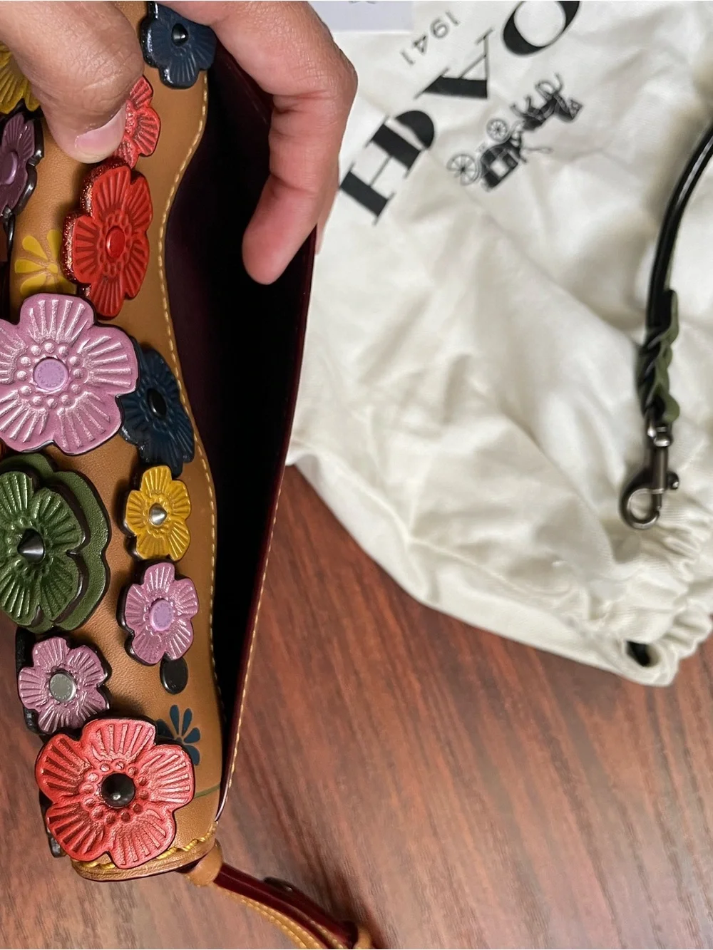 COACH Tan Floral Appliqué Leather Wristlet Clutch with Multicolor Flowers